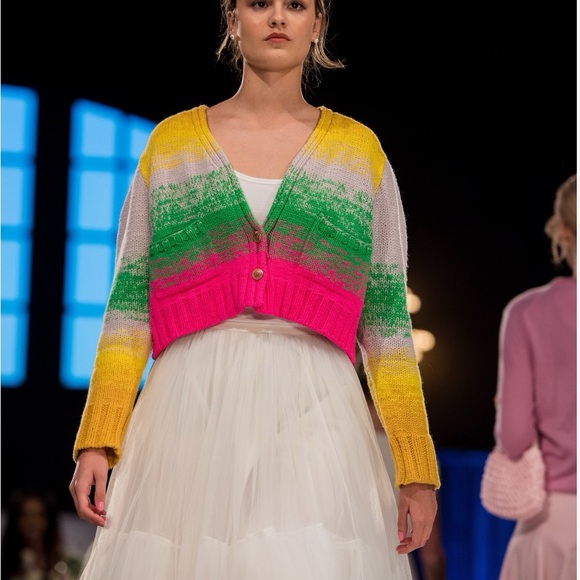 Hand knit cashmere cotton rainbow cardigan size M